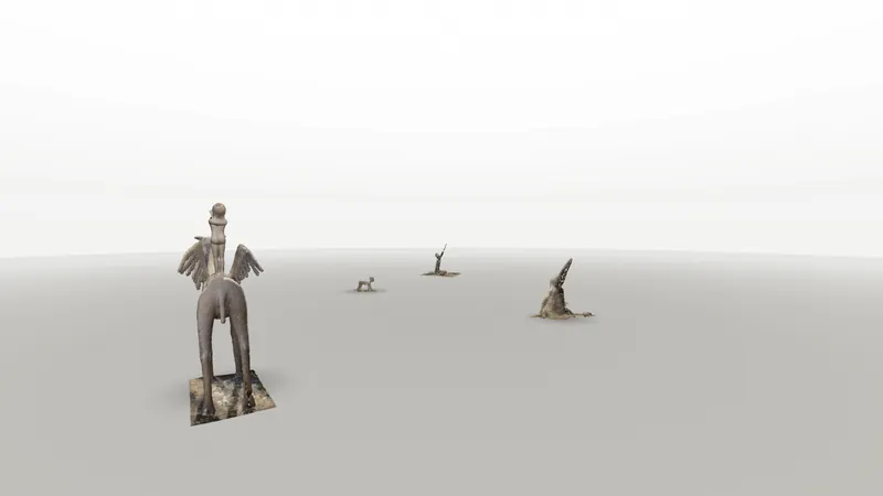 A winged owl-camel sculpture on a white plain, with three more sculptures in the distance