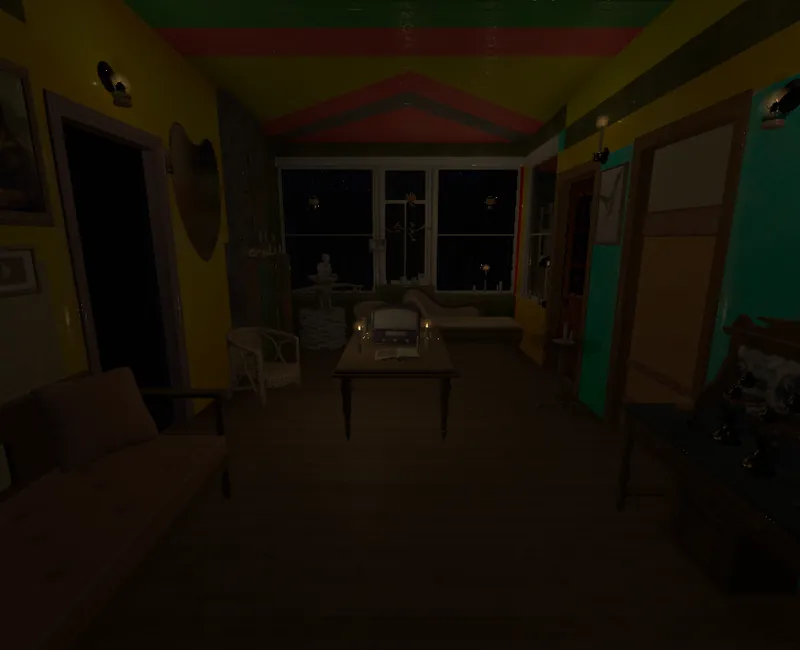 The sitting room by candlelight, with a painted ceiling and teal and yellow walls
