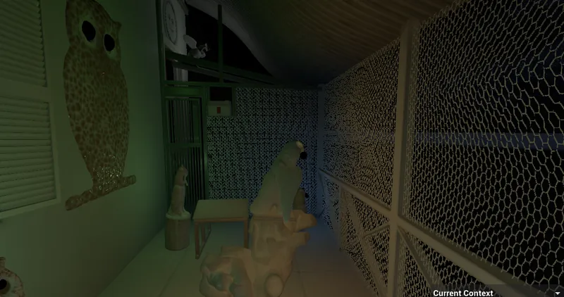 The stoep: a glass-studded owl on the wall and cement sculptures behind chicken wire
